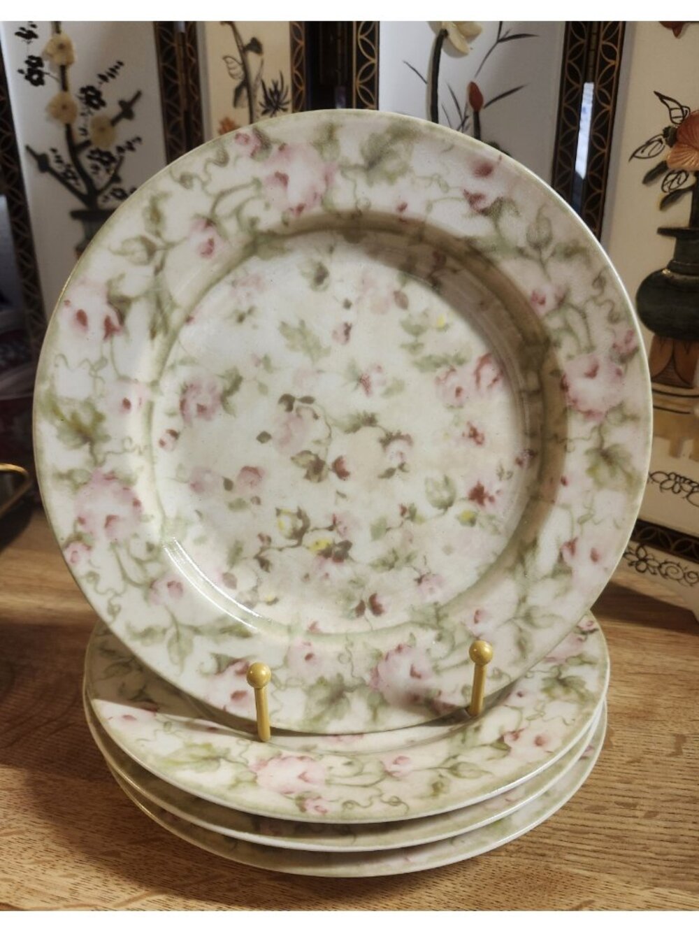 222 Fifth Savannah Cheri Blum Pink Rose Floral 8" Salad Plate Farmhouse Set 4
